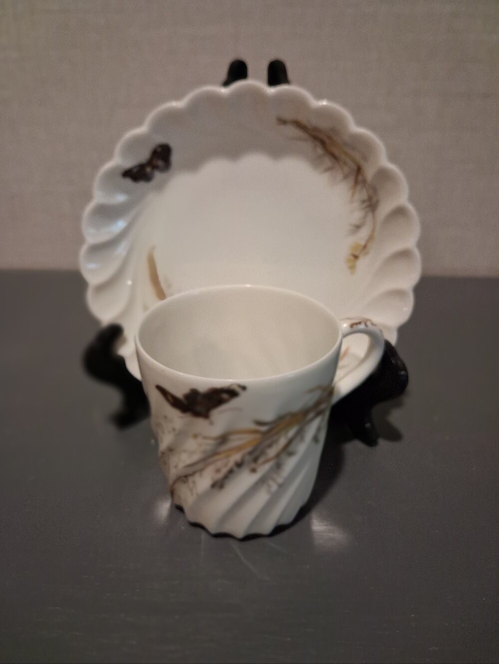 Antique Haviland Limoges Porcelain Cup & Saucer Set MEADOW VISTORS Butterfly